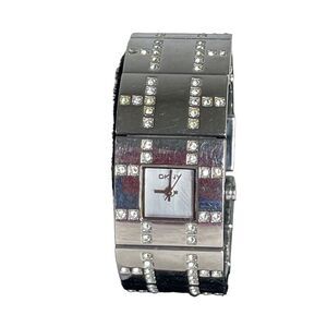 DKNY Womens Silver Tone Crystal Accent Square Face Cuff Watch NY 3655